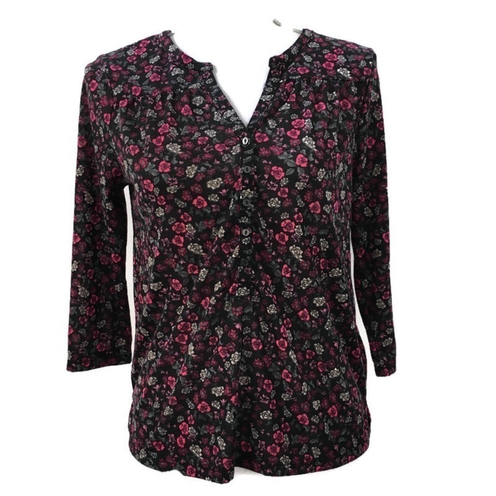H&M Black Floral 3/4 Sleeve V Neck Tunic